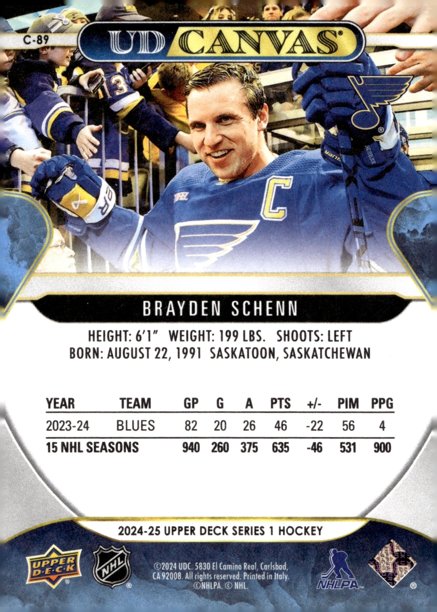 Brayden Schenn 2024 - 25 Upper Deck Series 1 Canvas #C - 89 - Collector Store LLC