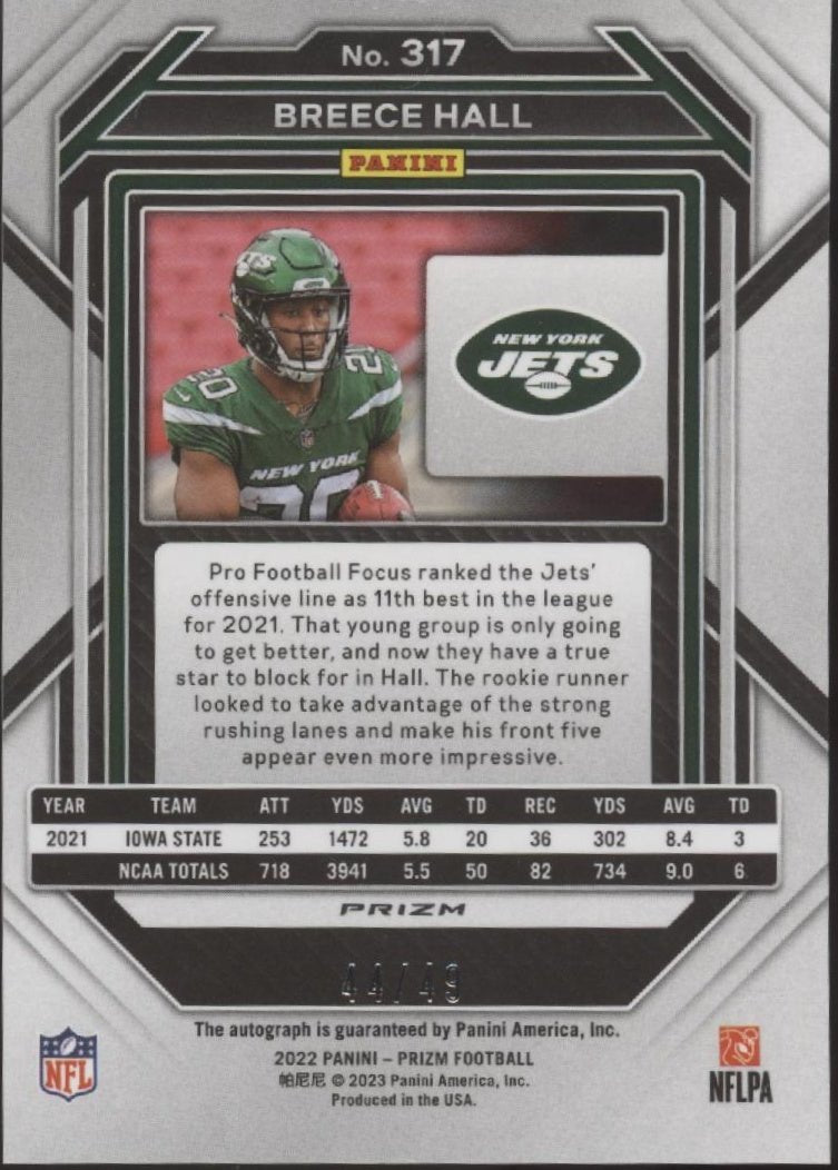 Breece Hall 2022 Panini Prizm Purple Xfractor Prizm RC Auto 44/49 #317 - Collector Store LLC