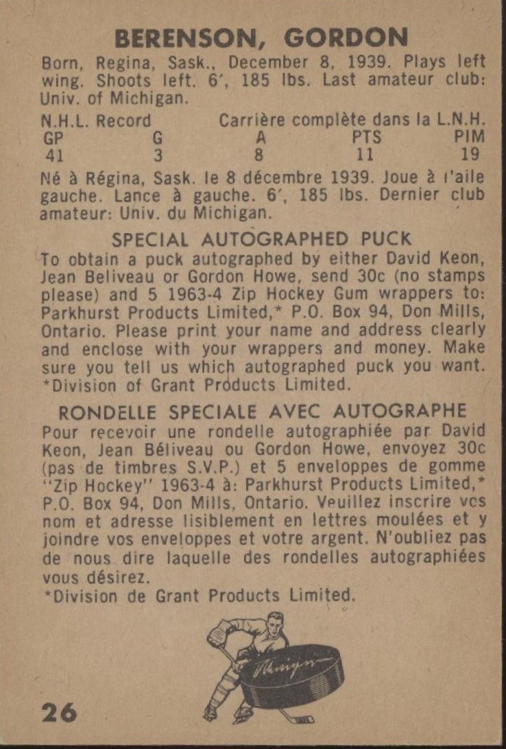 Brenson Gordon 1963 - 64 Parkhurst #26 Montreal Canadiens EX - Collector Store LLC