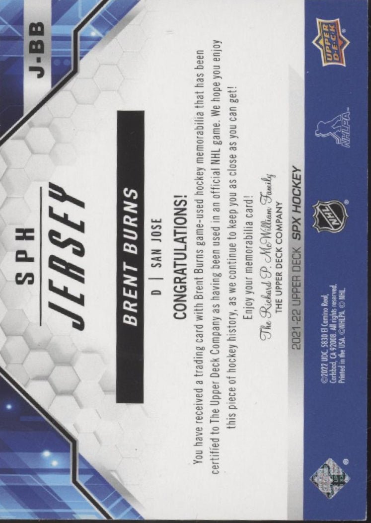 Brent Burns 2021 - 22 Upper Deck SPX Swatch #J - BB - Collector Store LLC