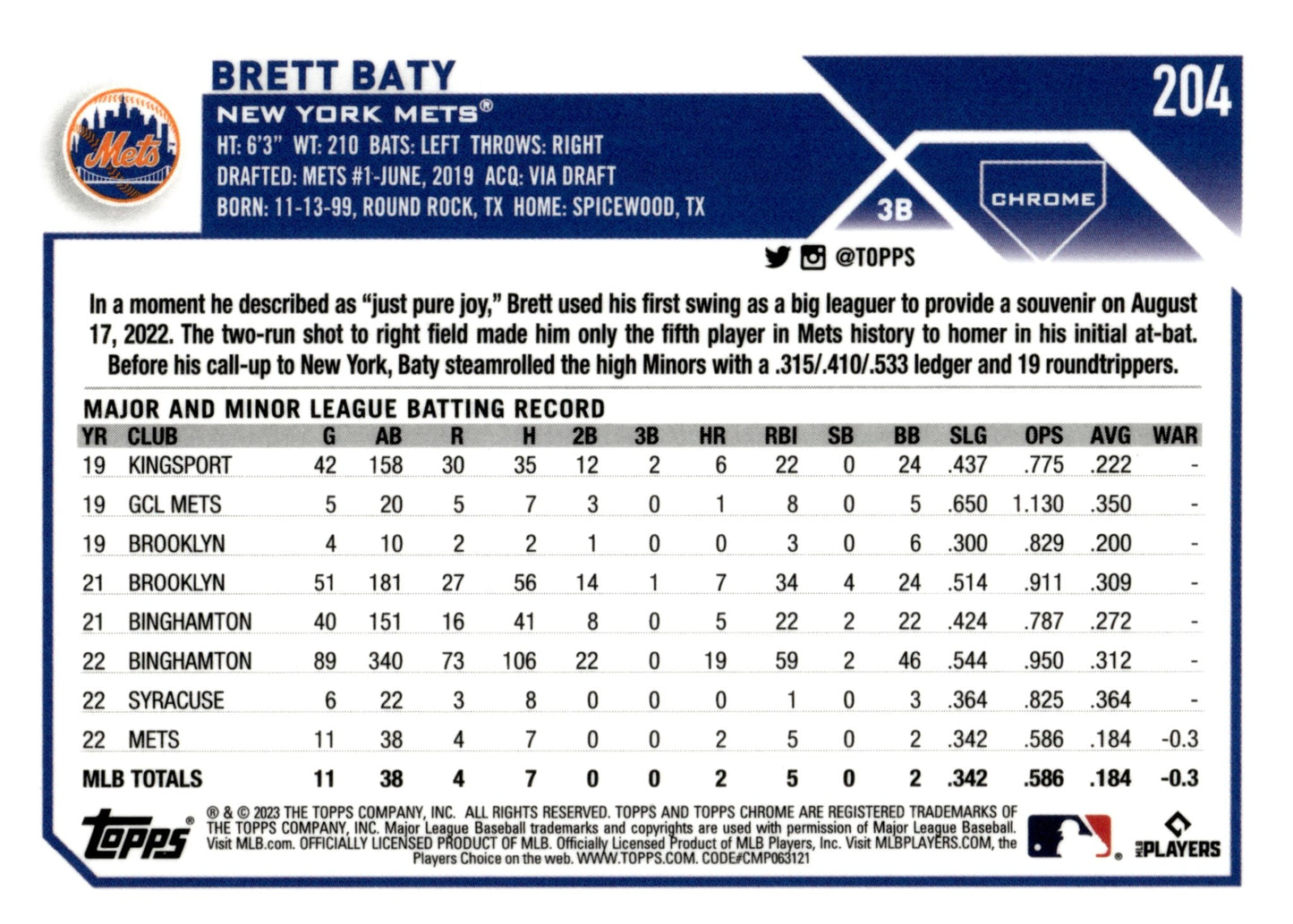 Brett Baty 2023 Topps Chrome RC 204 1 - Collector Store LLC
