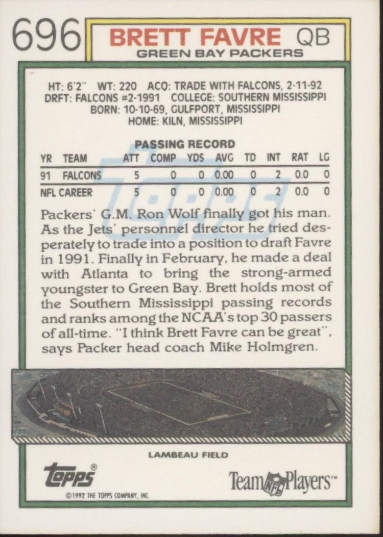 Brett Favre 1992 Topps #696 - Collector Store LLC