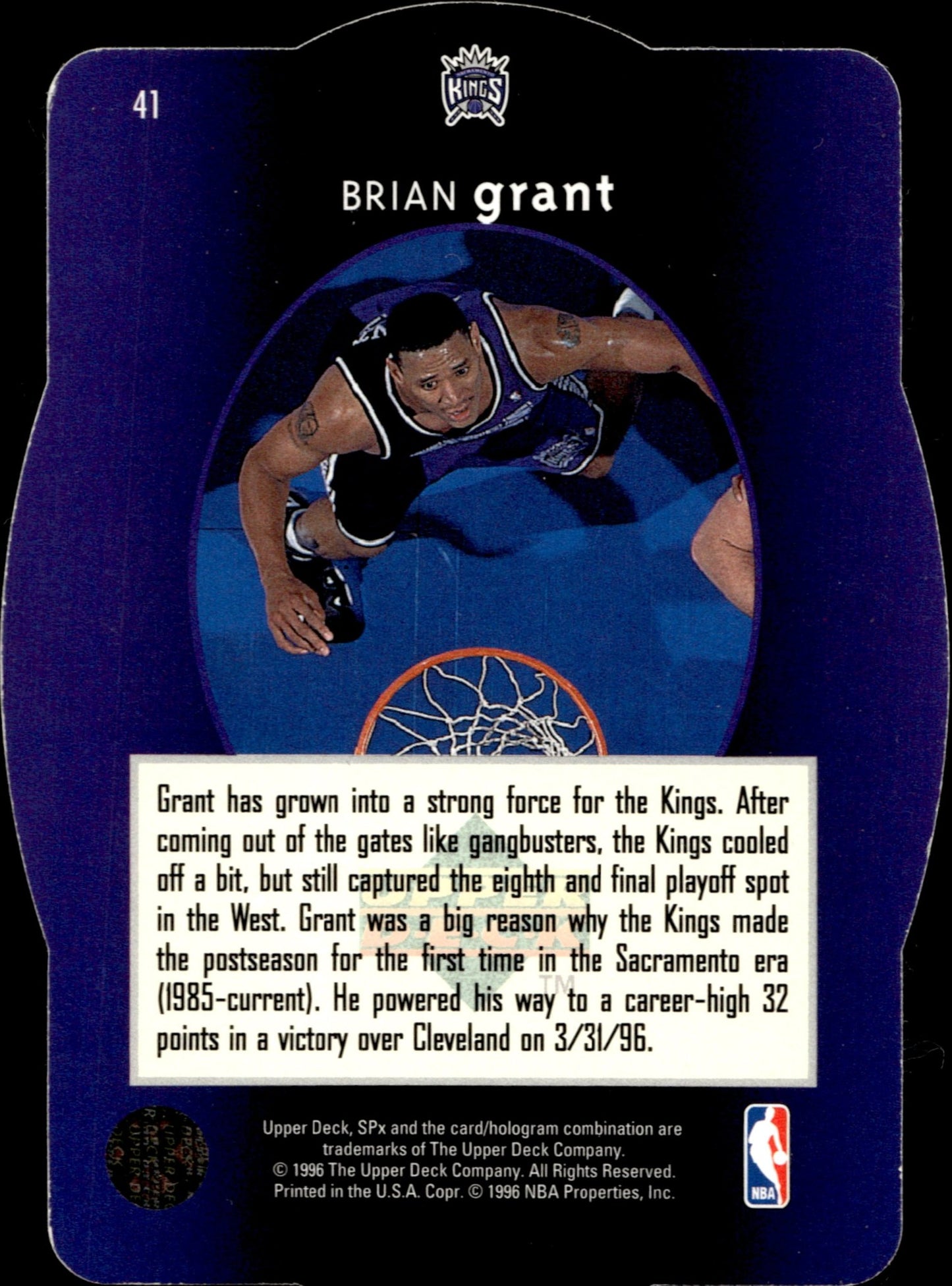 Brian Grant 1996 - 97 Upper Deck SPX Die - Cut #41 - Collector Store LLC