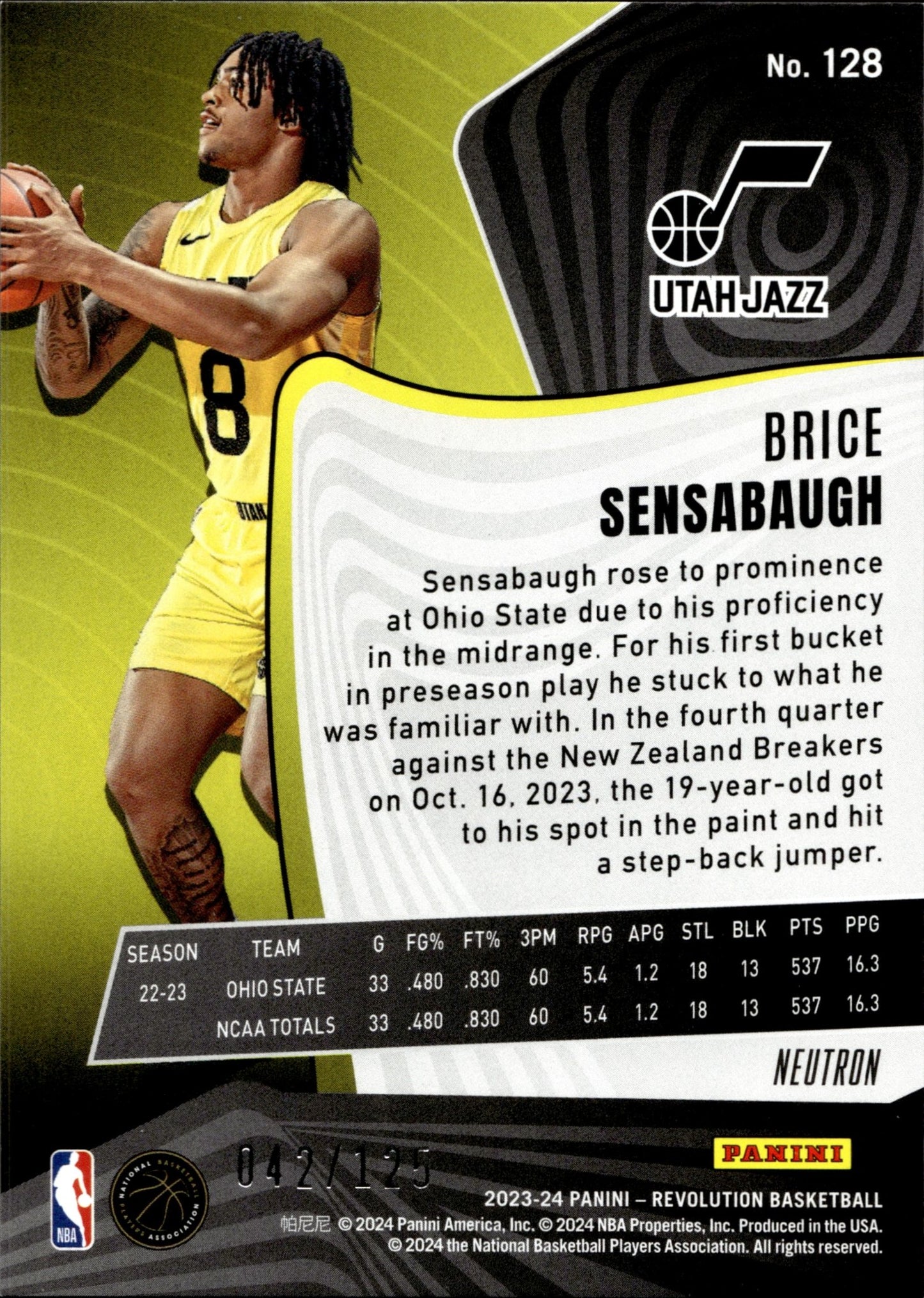 Brice Sensabaugh 2023 - 24 Panini Revolution Neutron RC 042/125 #128 - Collector Store LLC