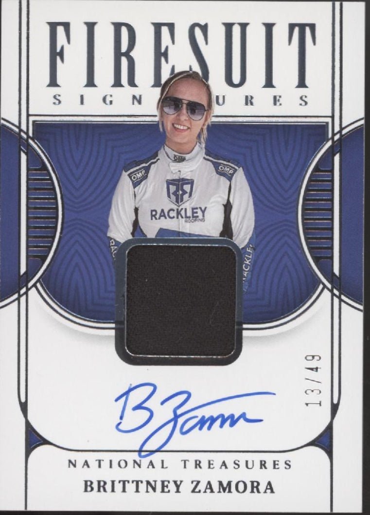 Brittney Zamora 2023 National Treasures Firesuit Signatures Swatch Auto 13/49 - Collector Store LLC