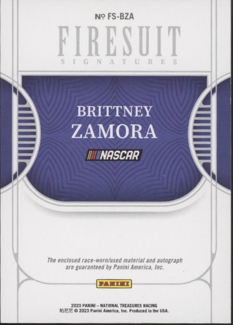 Brittney Zamora 2023 National Treasures Firesuit Signatures Swatch Auto 13/49 - Collector Store LLC