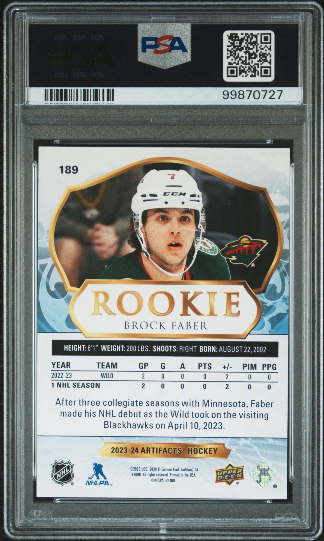 Brock Faber 2023 - 24 Upper Deck Artifacts Purple RC 11/25 #189 PSA 8 - Collector Store LLC