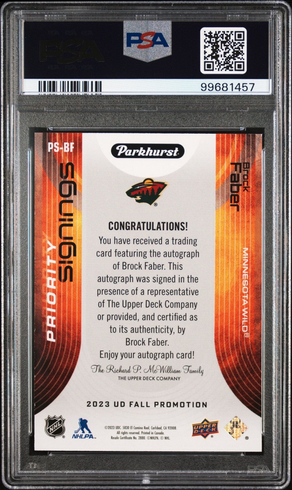 Brock Faber 2023 Upper Deck Fall Expo Parkhurst Priority RC Auto 39/75 PSA 8 / 9 - Collector Store LLC