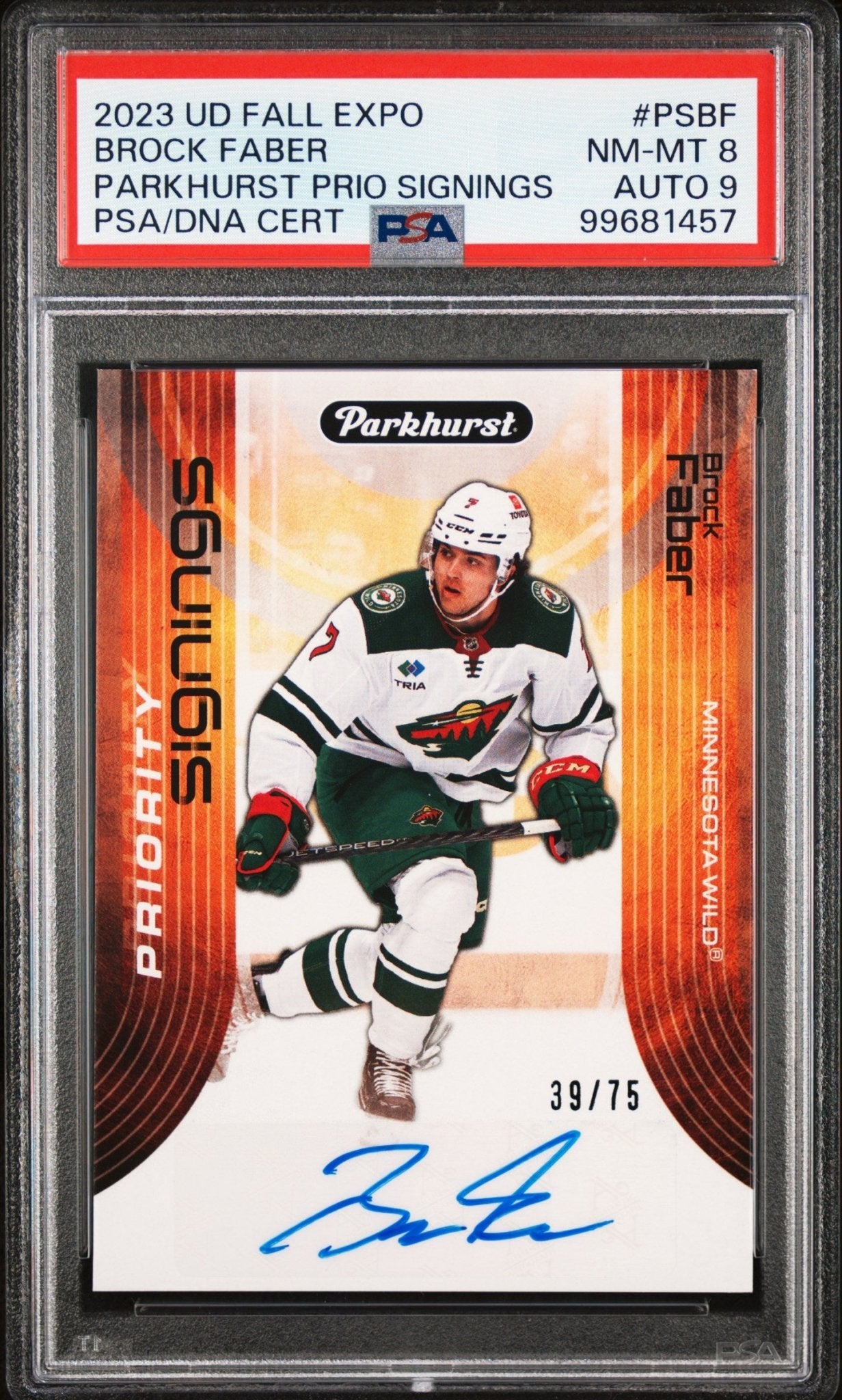 Brock Faber 2023 Upper Deck Fall Expo Parkhurst Priority RC Auto 39/75 PSA 8 / 9 - Collector Store LLC