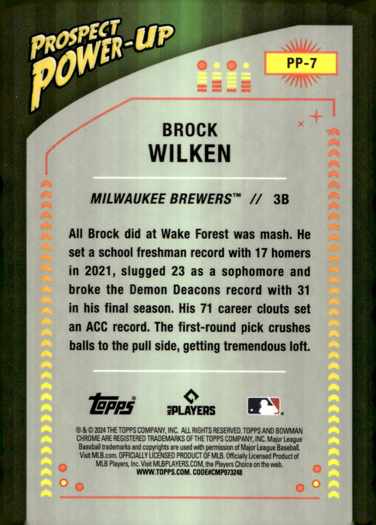 Brock Wilken 2024 Bowman Chrome Prospect Power - Up Refractor PP - 7 - Collector Store LLC