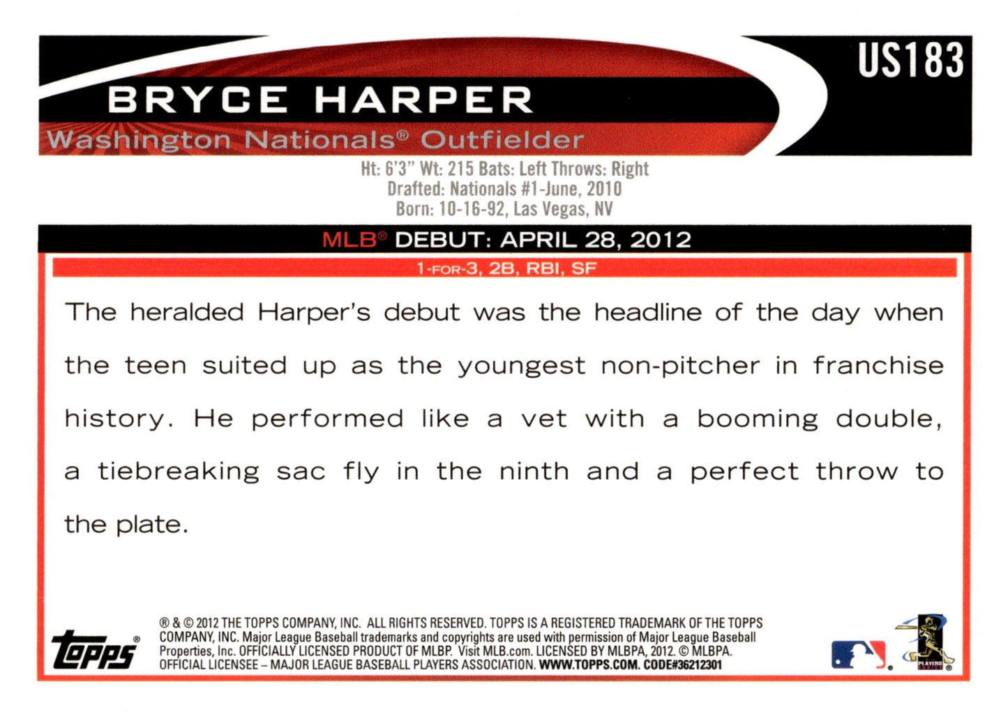 Bryce Harper 2012 Topps Update Series RC #US183 - Collector Store LLC