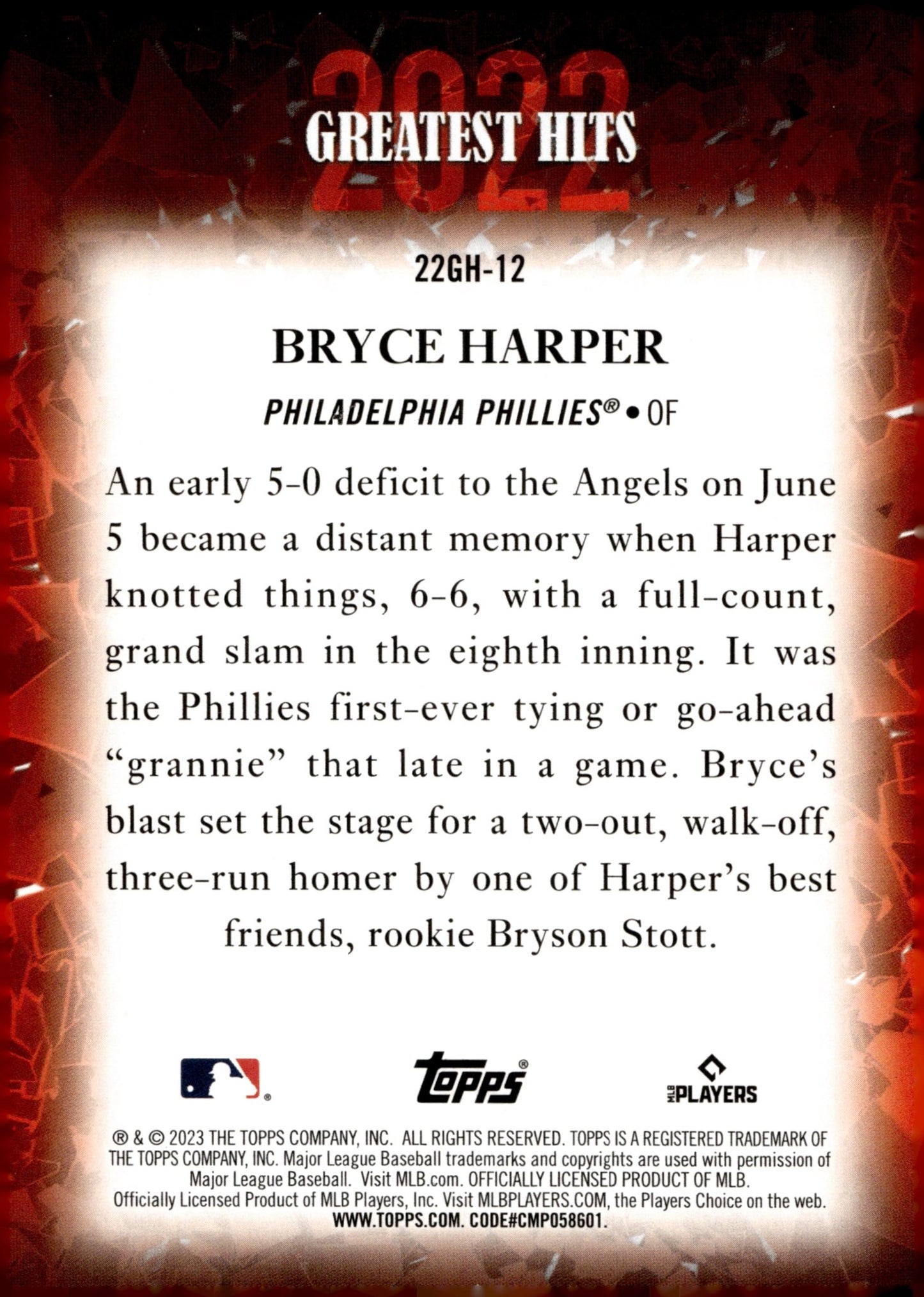 Bryce Harper 2023 Topps 2022 Greatest Hits #22GH - 12 - Collector Store LLC