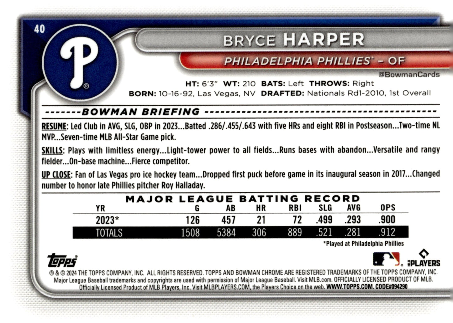 Bryce Harper 2024 Bowman Chrome Mojo Refractor #40 - Collector Store LLC