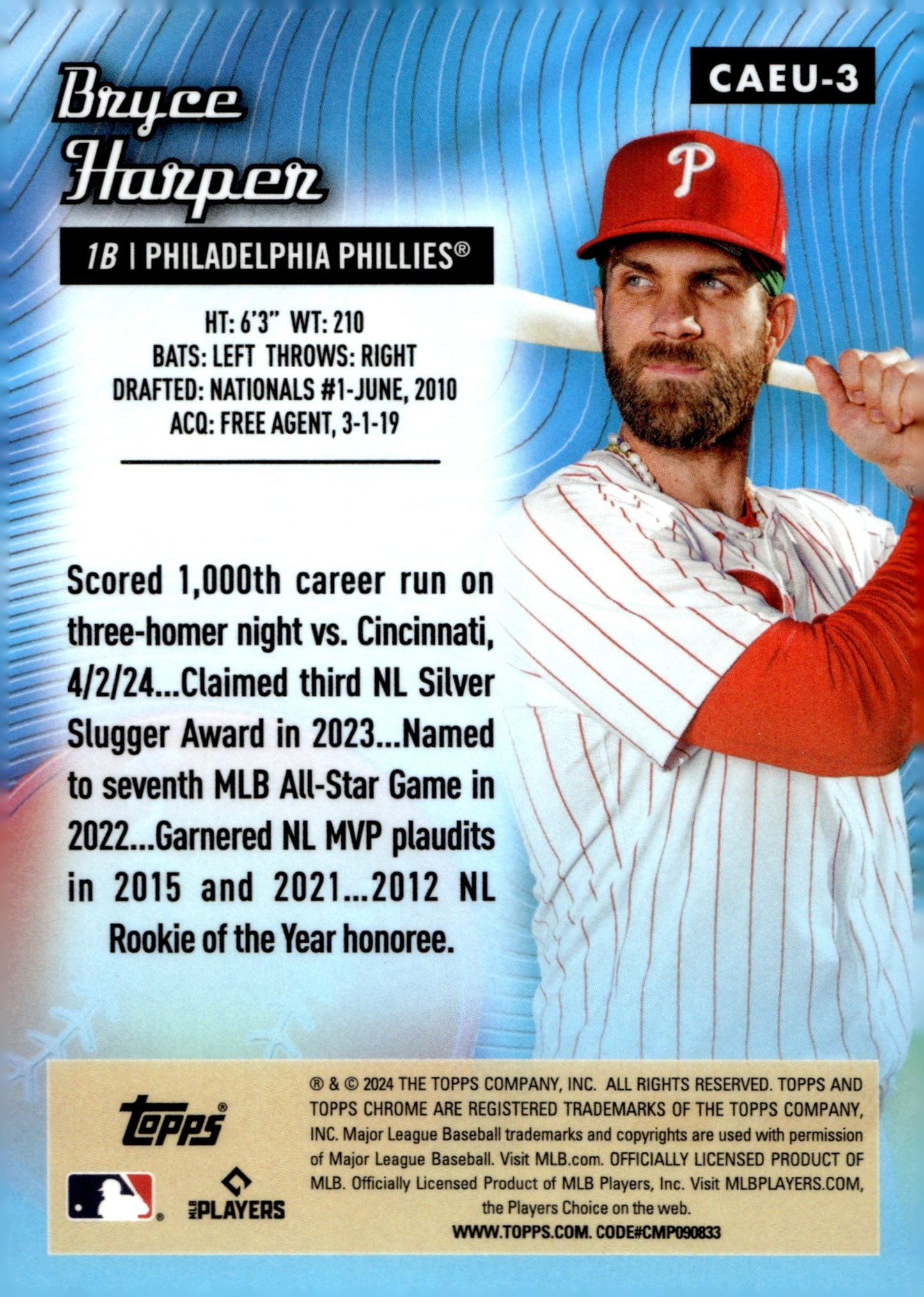 Bryce Harper 2024 Topps Chrome All Etch Refractor #CAEU - 3 #1 - Collector Store LLC