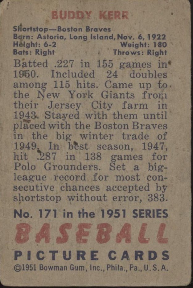 Buddy Kerr 1951 Bowman #171 Boston Braves GD - Collector Store LLC