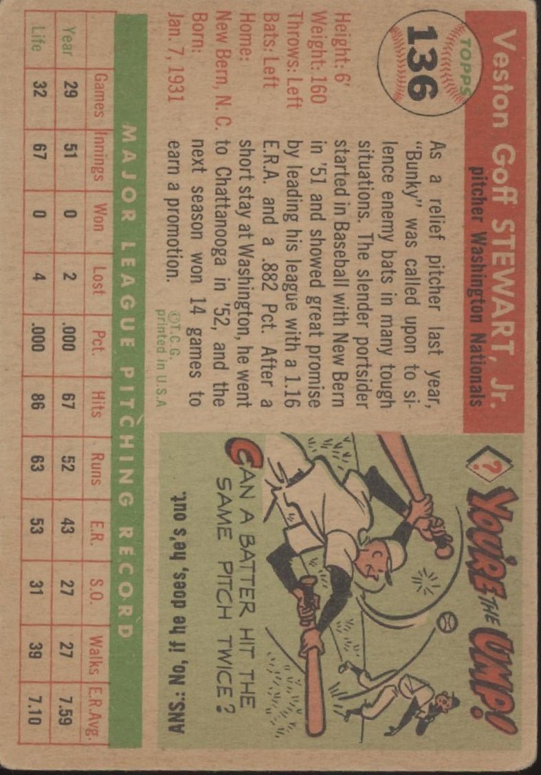 Bunky Stewart 1955 Topps RC #136 Washington Senators VG - Collector Store LLC