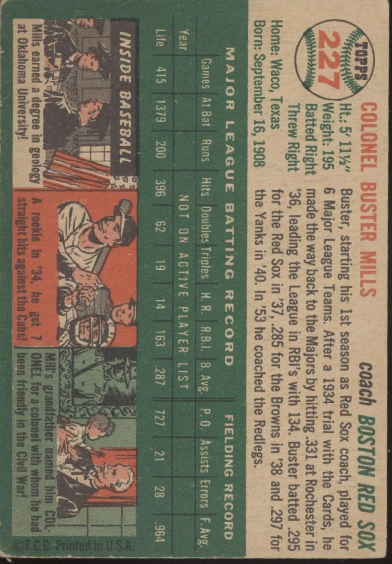Buster Mills 1954 Topps RC #227 Boston Red Sox VG - Collector Store LLC
