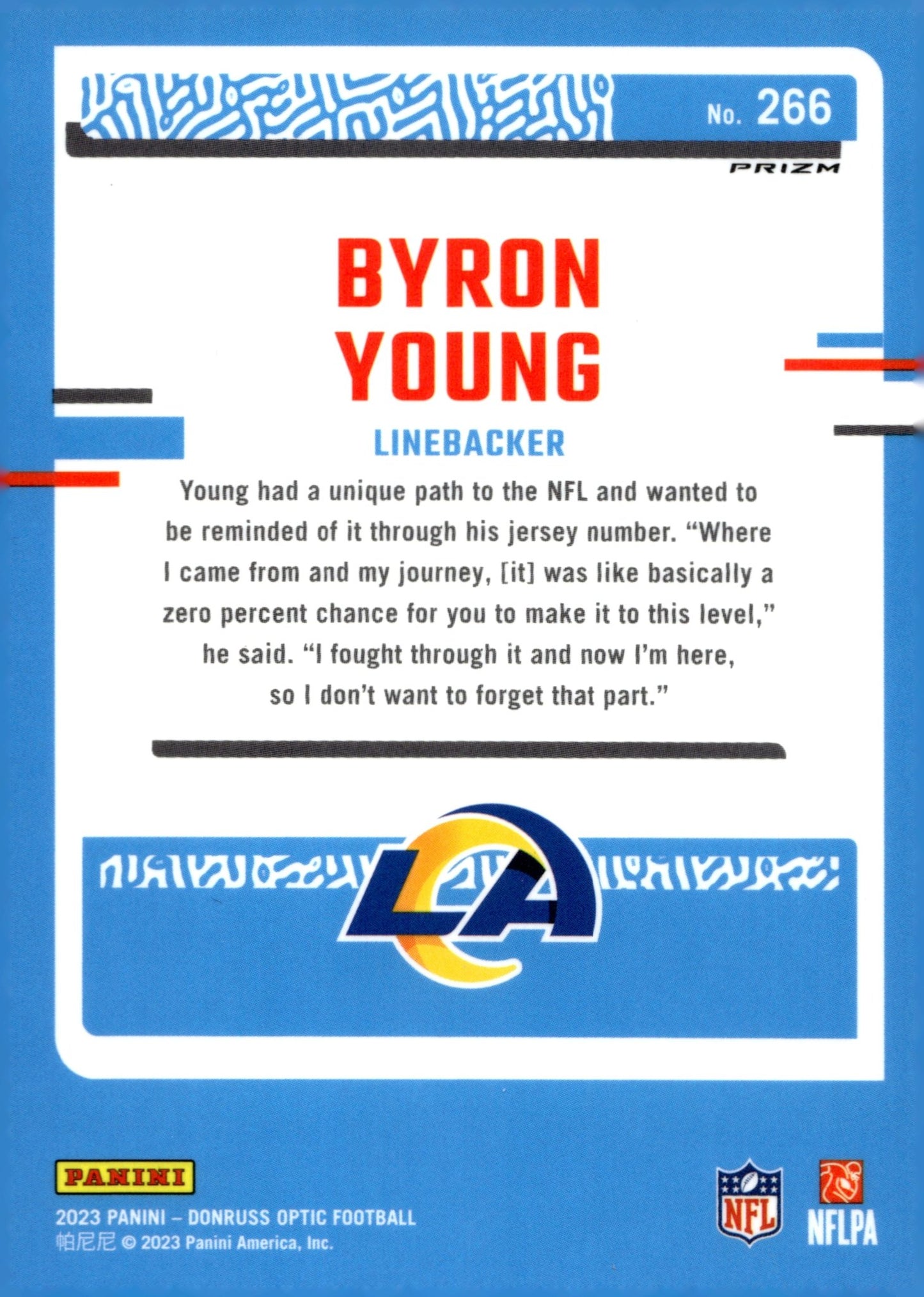 Byron Young 2023 Panini Donruss Optic Rated Rookie Prizm RC #266 - Collector Store LLC