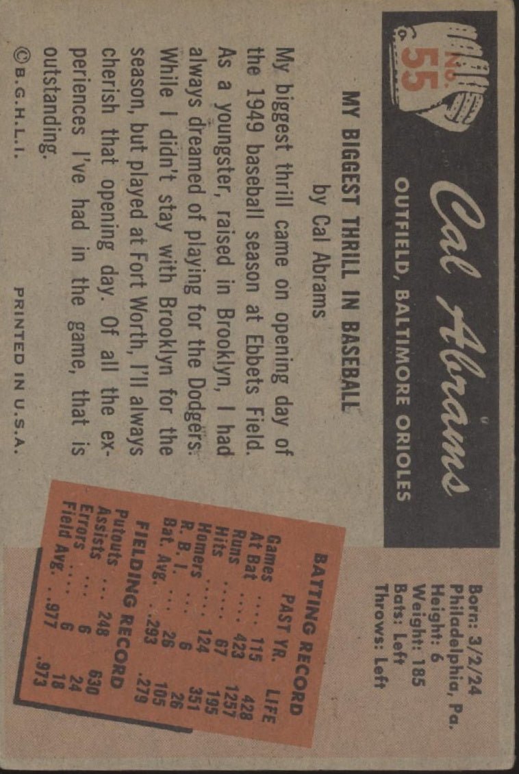 Cal Abrams 1955 Bowman #55 Baltimore Orioles VG - Collector Store LLC