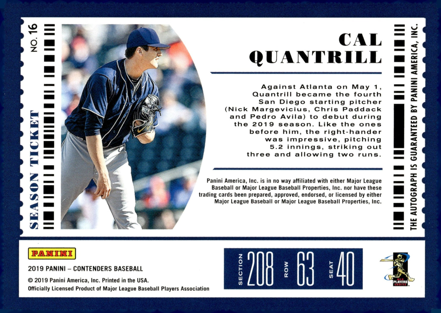 Cal Quantrill 2019 Panini Contenders Season Ticket RC Auto #16 - Collector Store LLC