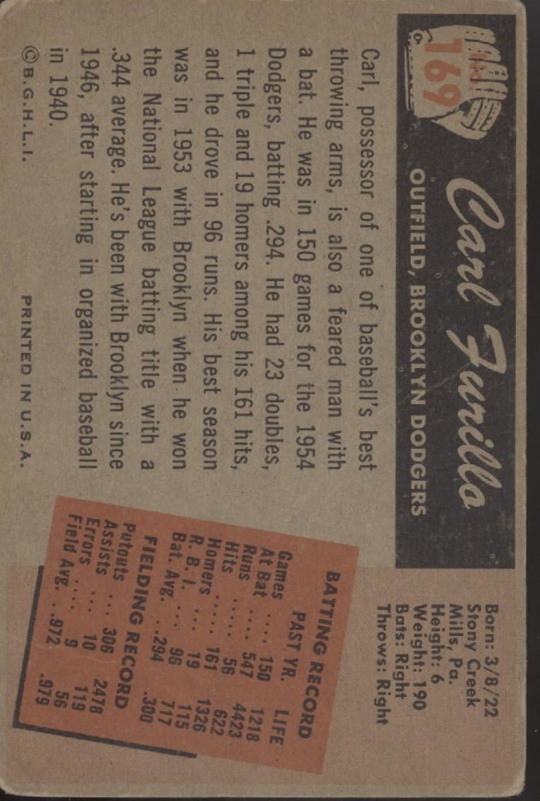 Carl Furillo 1955 Bowman #169 Brooklyn Dodgers GD - Collector Store LLC