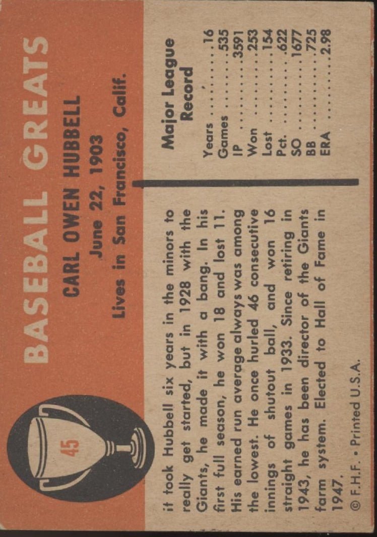 Carl Hubbell 1961 Fleer #45 New York Giants VG - Collector Store LLC