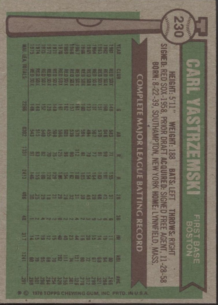 Carl Yastrzemski 1976 Topps #230 Boston Red Sox VG - EX - Collector Store LLC
