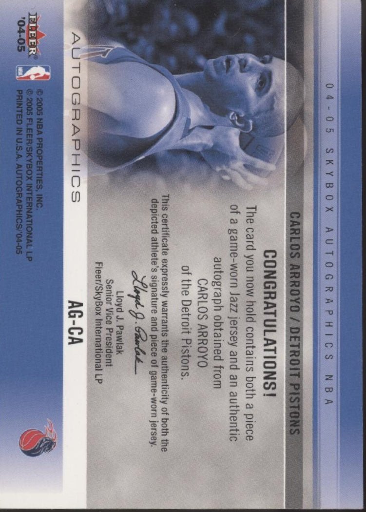 Carlos Arroyo 2004 - 05 Skybox Autographics Swatch Auto #AG - CA - Collector Store LLC