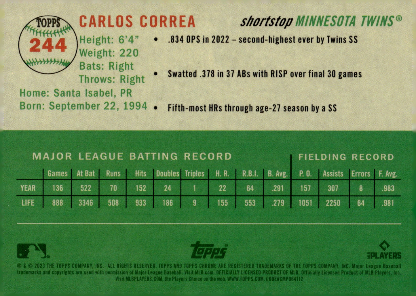 Carlos Correa 2023 Topps Chrome Platinum Xfractor Refractor 244 - Collector Store LLC