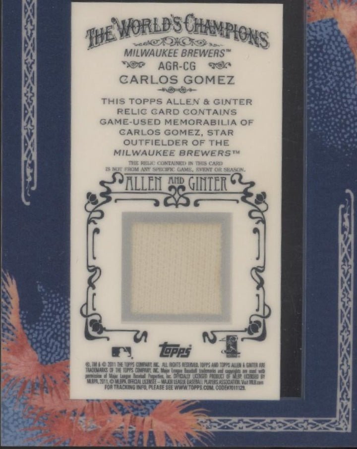 Carlos Gomez 2011 Topps Allen & Ginter Mini Framed Swatch #AGR - CG - Collector Store LLC