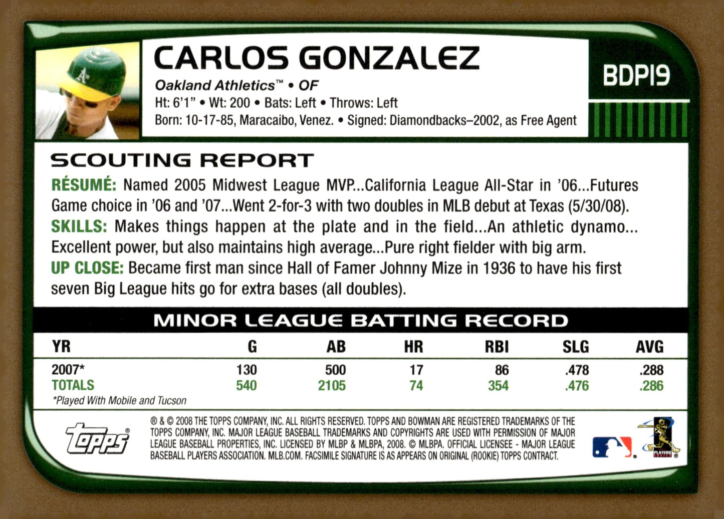 Carlos Gonzalez 2008 Bowman Gold RC #BDP19 - Collector Store LLC