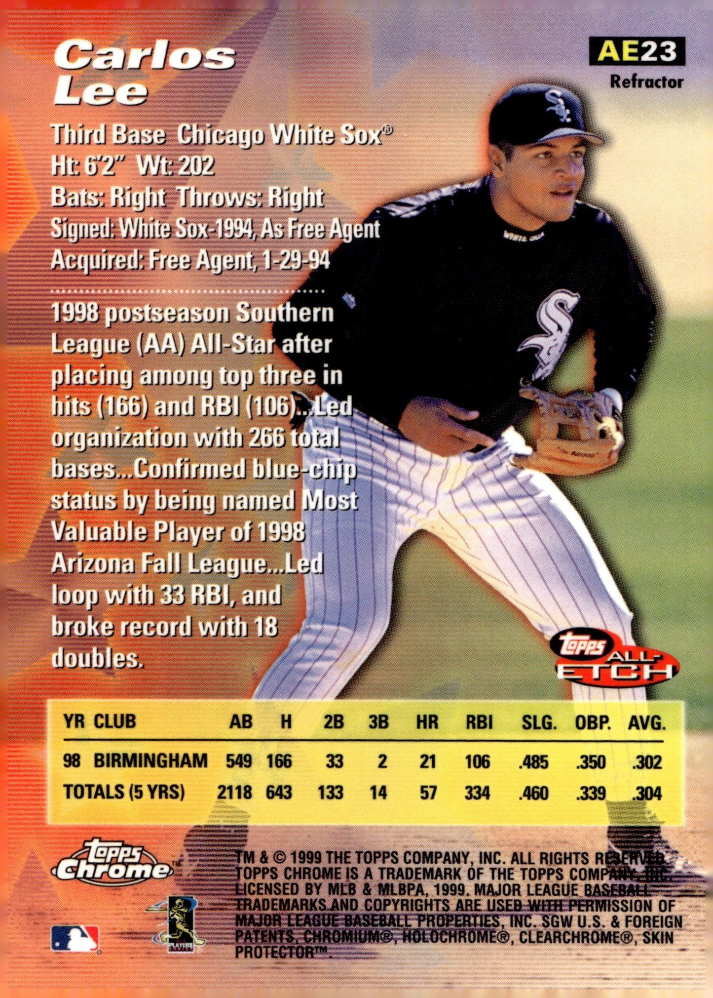 Carlos Lee 1999 Topps Chrome Rookie Rush Refractor RC #AE23 - Collector Store LLC