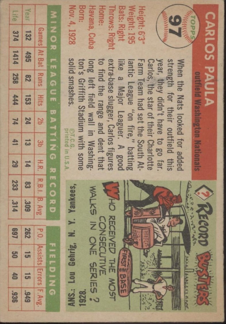Carlos Paula 1955 Topps #97 Washington Senators VG - Collector Store LLC