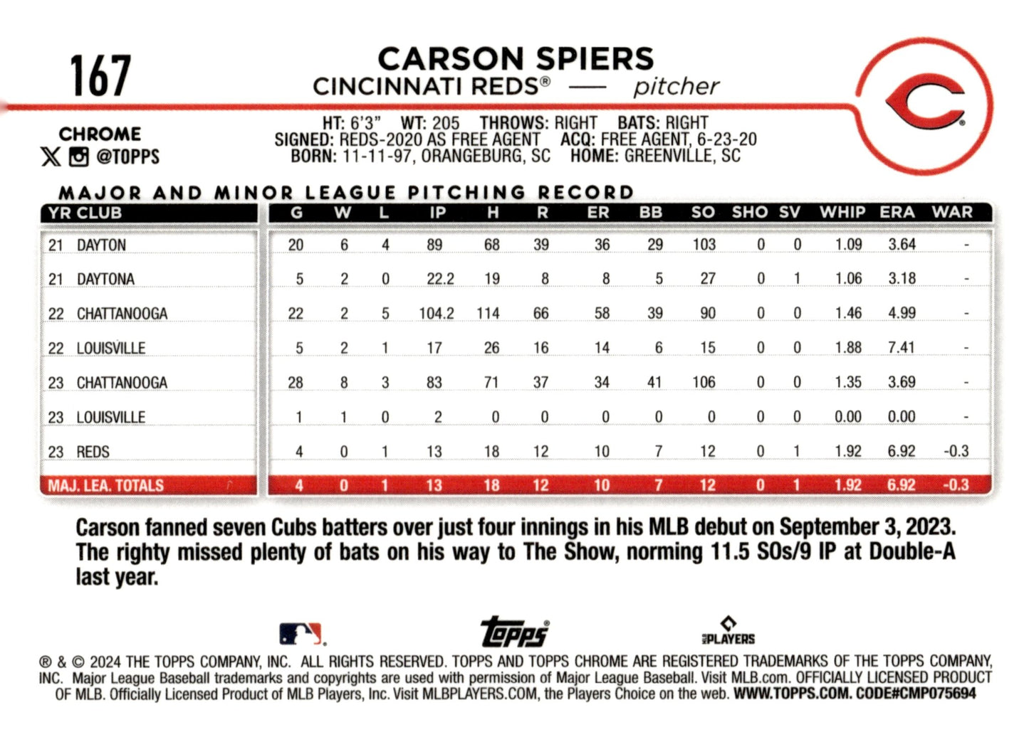 Carson Spiers 2024 Topps Chrome Sepia Refractor RC 167 - Collector Store LLC