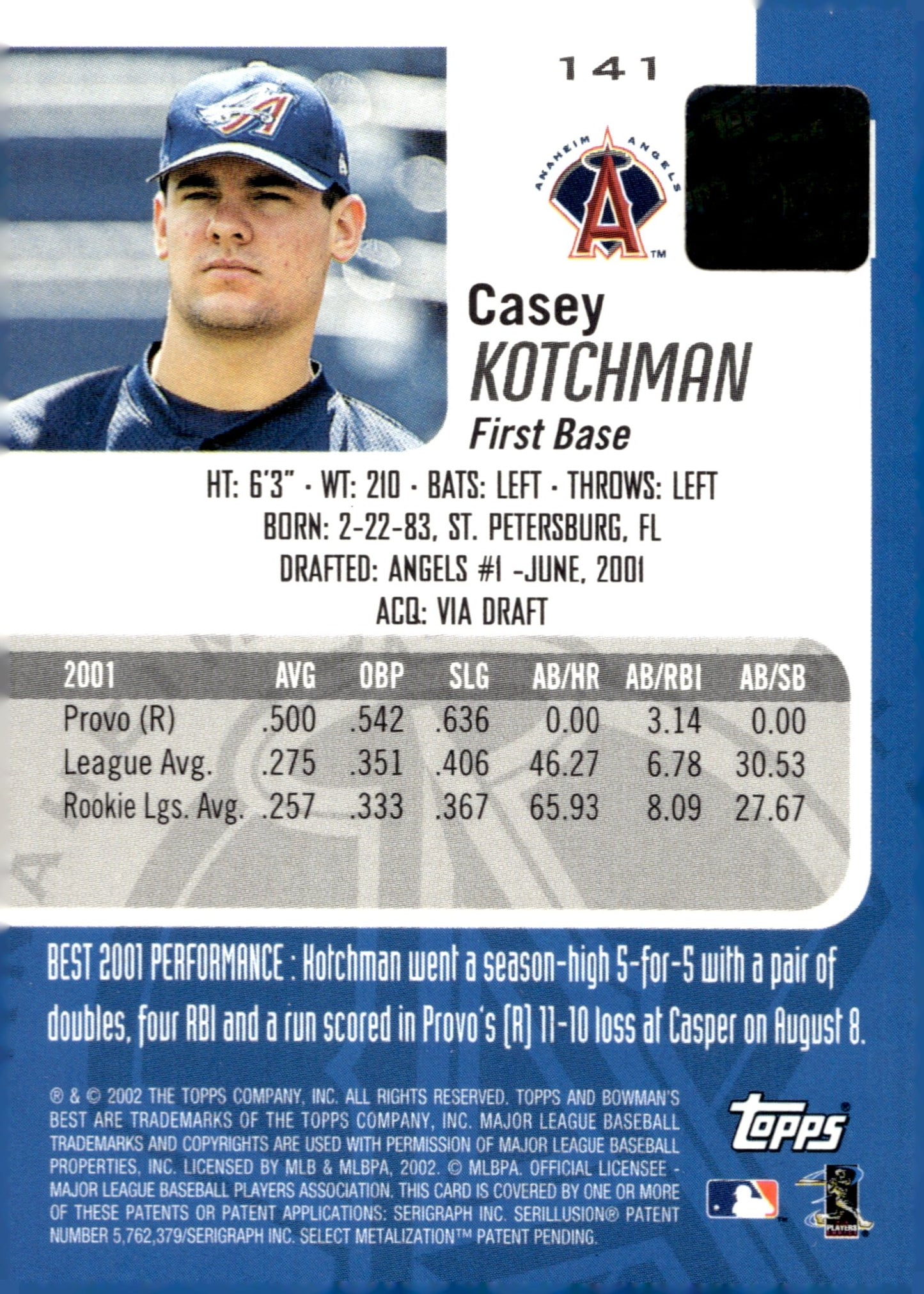 Casey Kotchman 2002 Bowman's Best Certified Auto #141 - Collector Store LLC