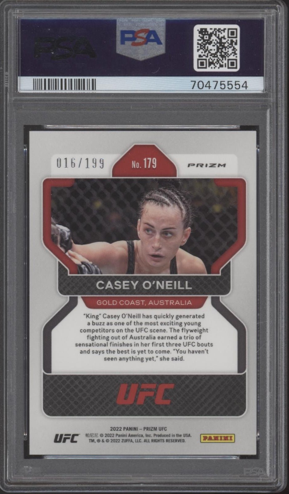 Casey O'Neill 2022 Panini Prizm Blue Prizm RC 016/199 179 PSA 10 - Collector Store LLC