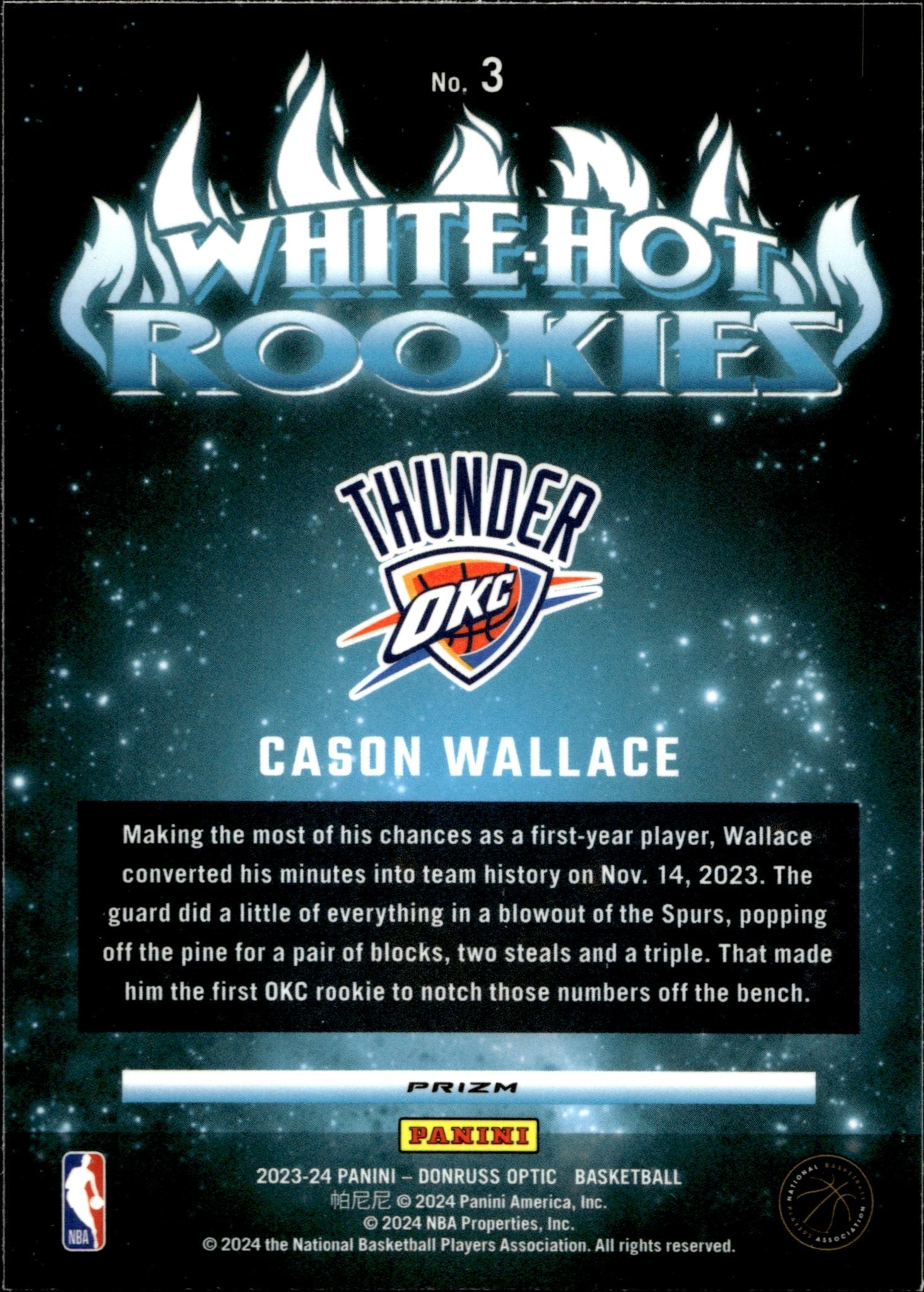 Cason Wallace 2023 - 24 Panini Donruss Optic White Hot Rookies RC #3 - Collector Store LLC