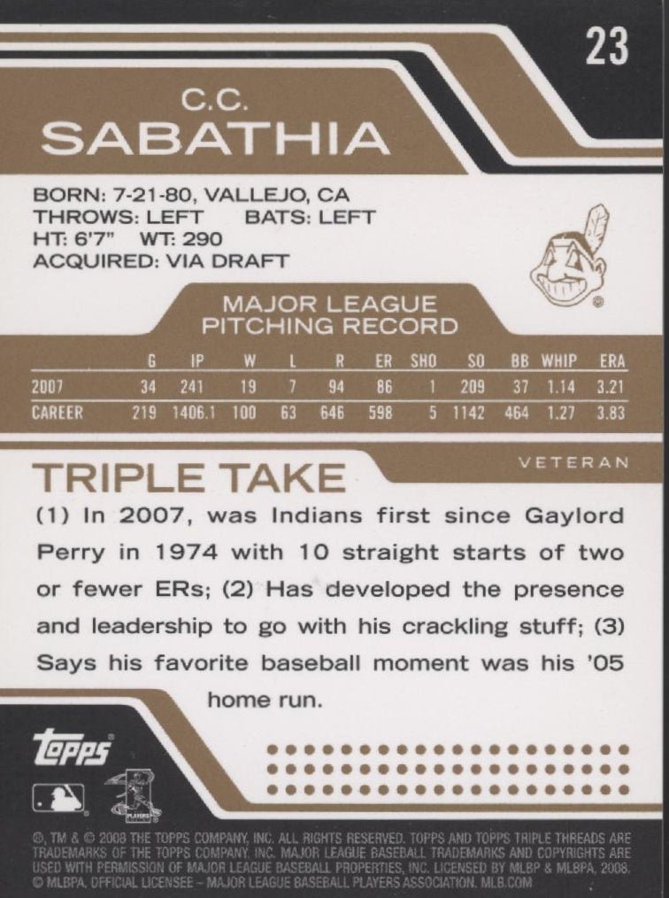 CC Sabathia 2008 Topps Triple Threads 265/525 #23 - Collector Store LLC