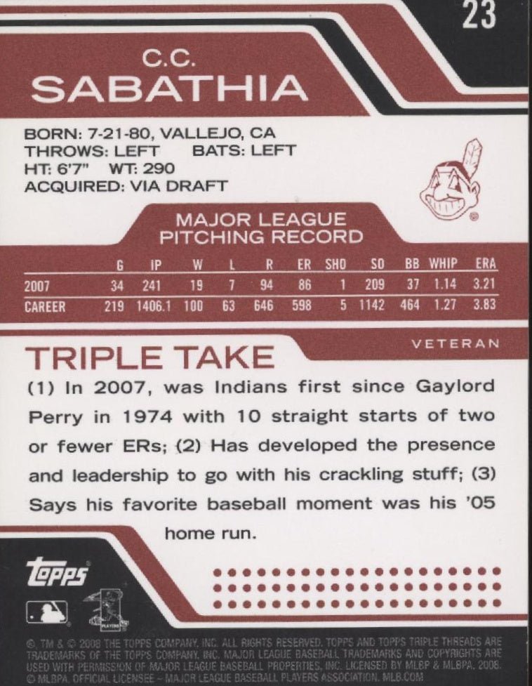 CC Sabathia 2008 Topps Triple Threads Red 0711/1350 #23 - Collector Store LLC