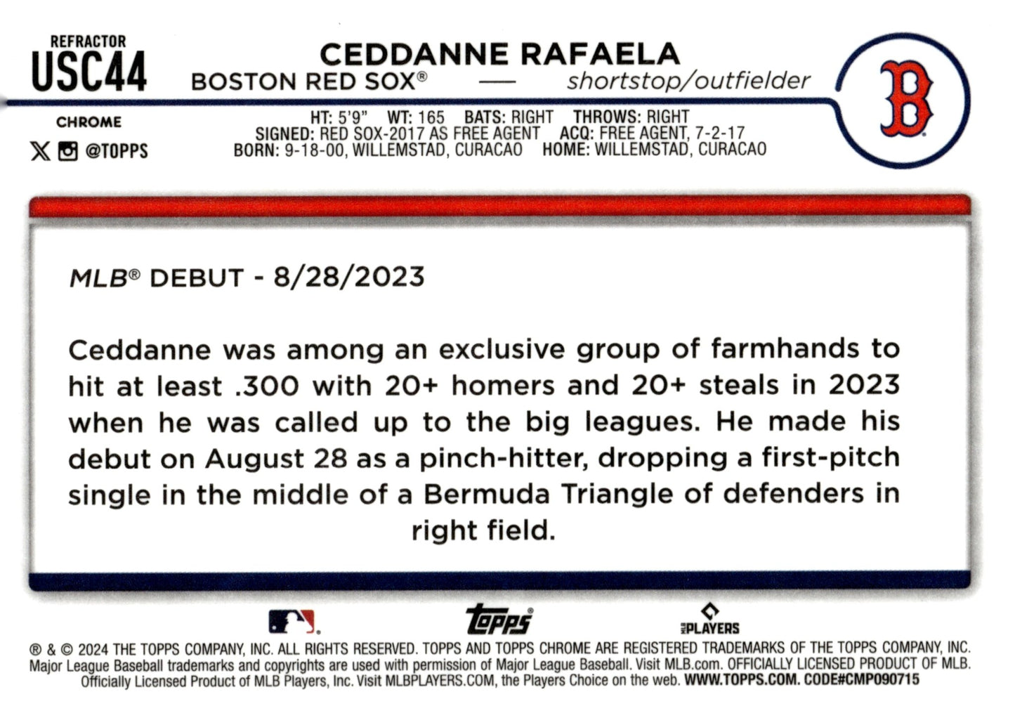 Ceddanne Rafaela 2024 Topps Chrome Refractor RC #USC44 - Collector Store LLC