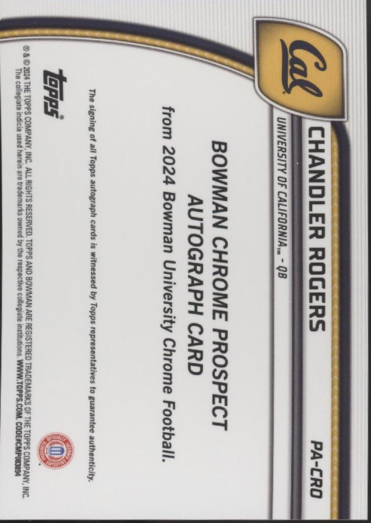 Chandler Rogers 2024 Bowman Chrome University Auto RA - CRO - Collector Store LLC