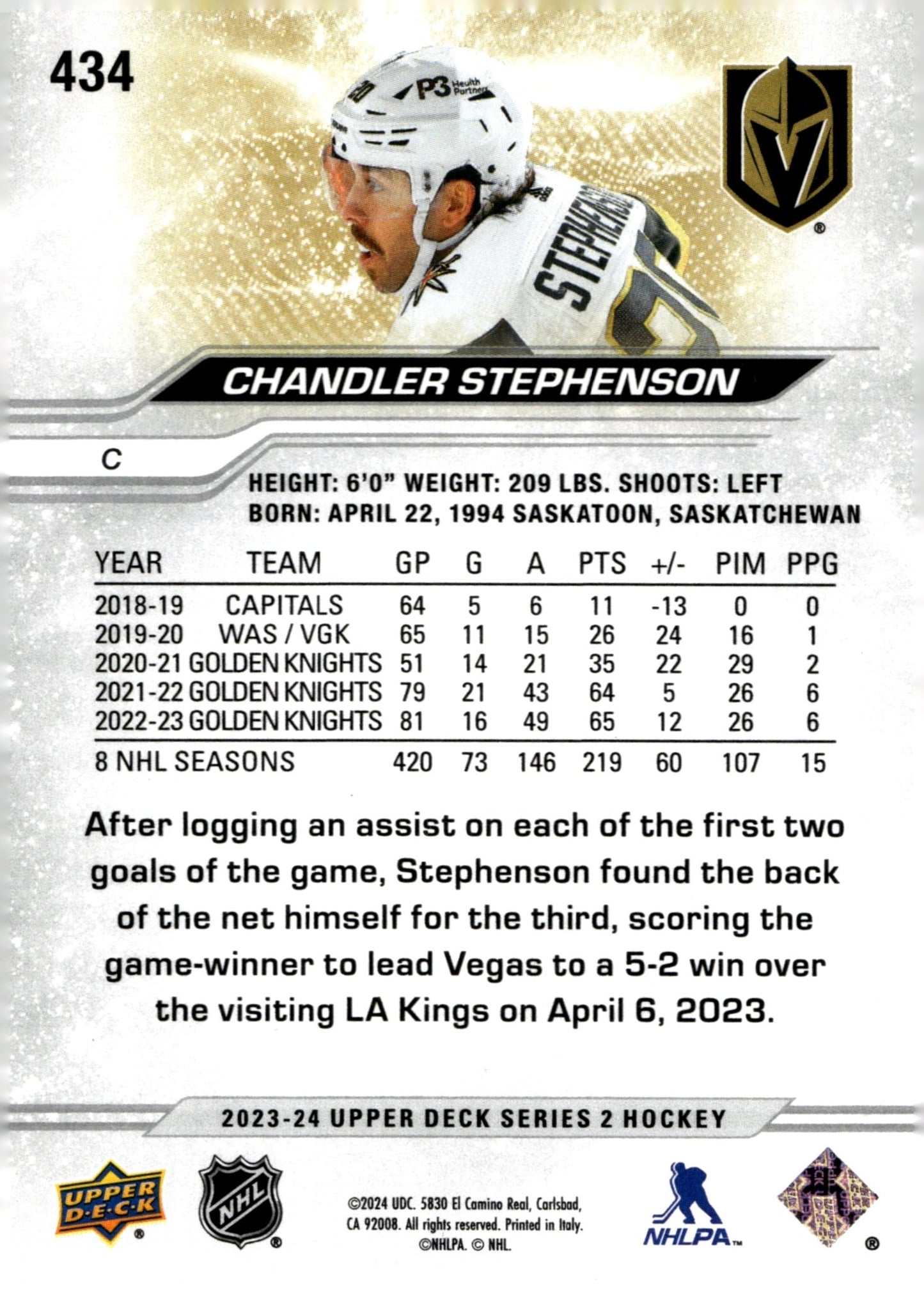 Chandler Stephenson 2023 - 24 Upper Deck Series 2 Deluxe 019/250 #434 - Collector Store LLC
