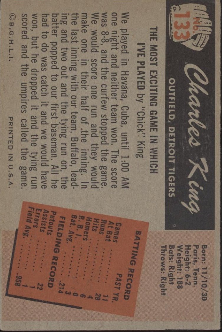 Charles King 1955 Bowman RC #133 Detroit Tigers VG - EX - Collector Store LLC