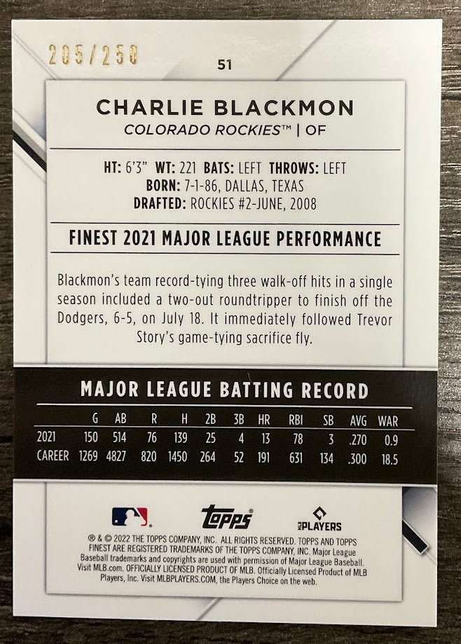 Charlie Blackmon 2022 Topps Finest Purple Refractor 205/250 #51 - Collector Store LLC