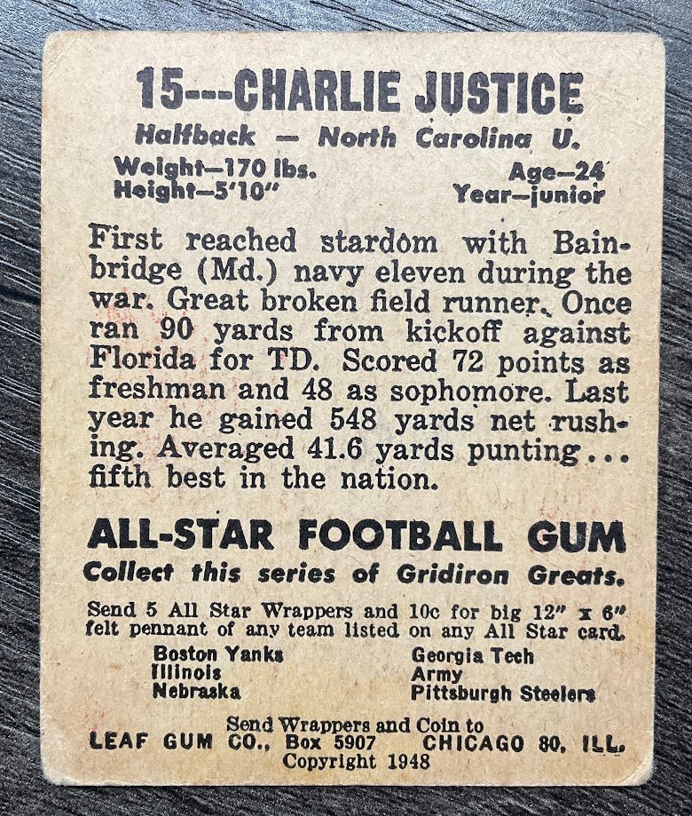 Charlie Justice 1948 Leaf RC #15 GD - Collector Store LLC