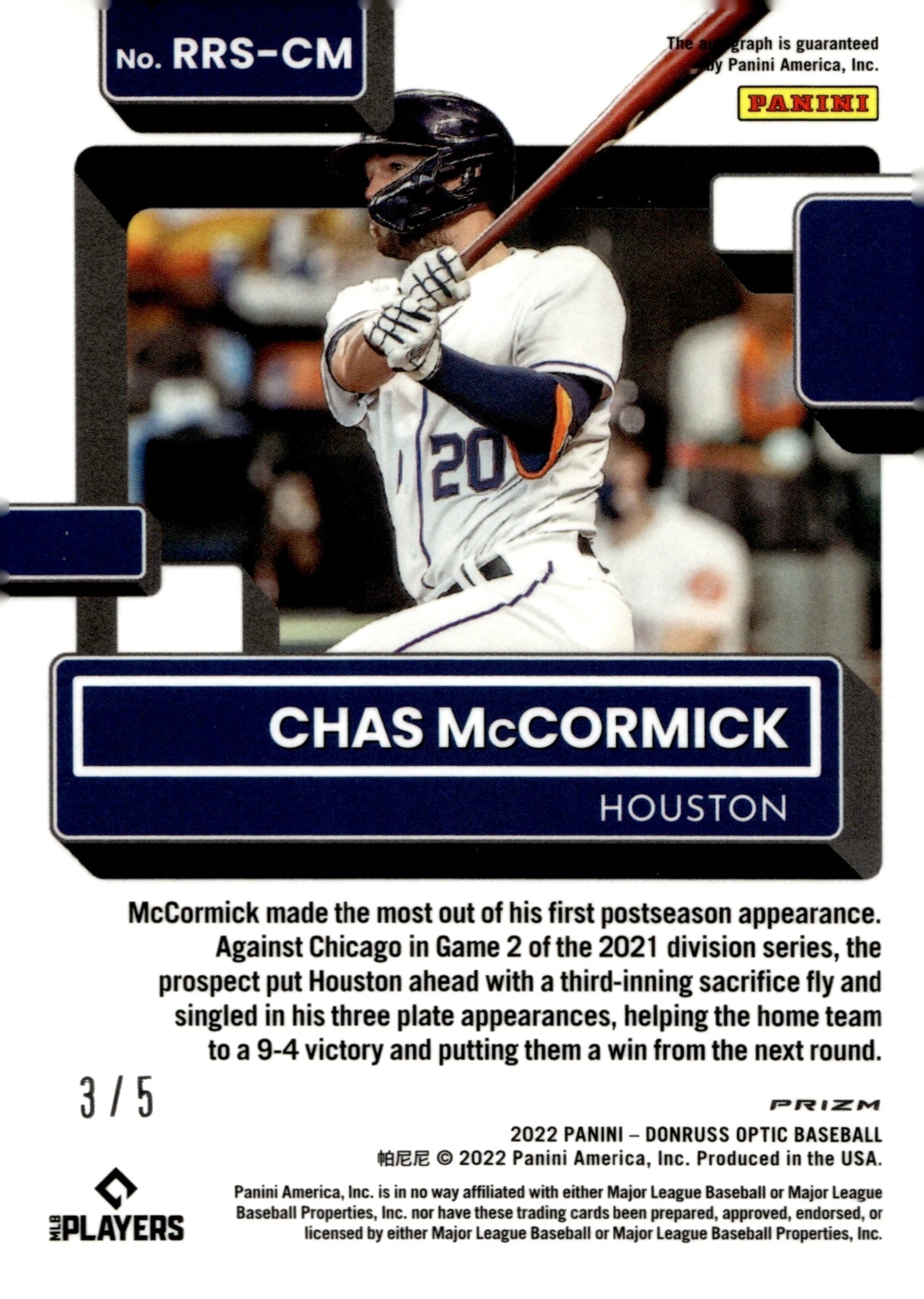 Chas McCormick 2022 Panini Donruss Optic Rated Rookie Green Prizm RC Auto 3/8 - Collector Store LLC