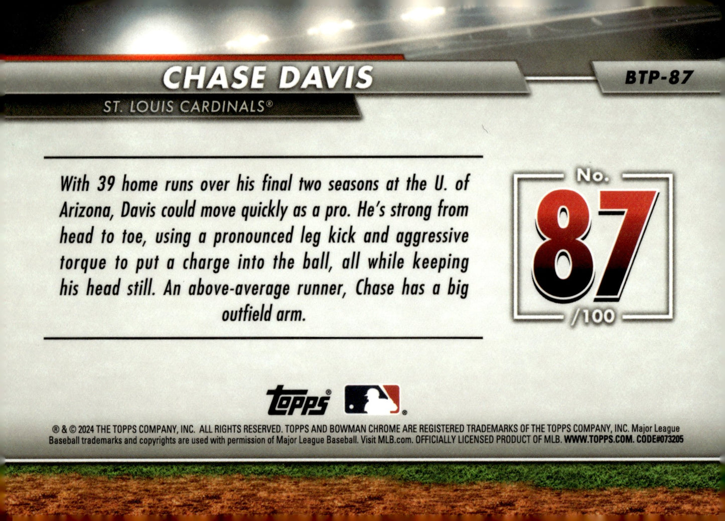 Chase Davis 2024 Bowman Chrome Top 100 #87 Refractor #BTP - 87 - Collector Store LLC