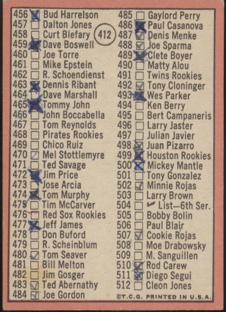 Checklist 1969 Topps Baseball 5th Series (426 - 512) #412 VG #2 - Collector Store LLC