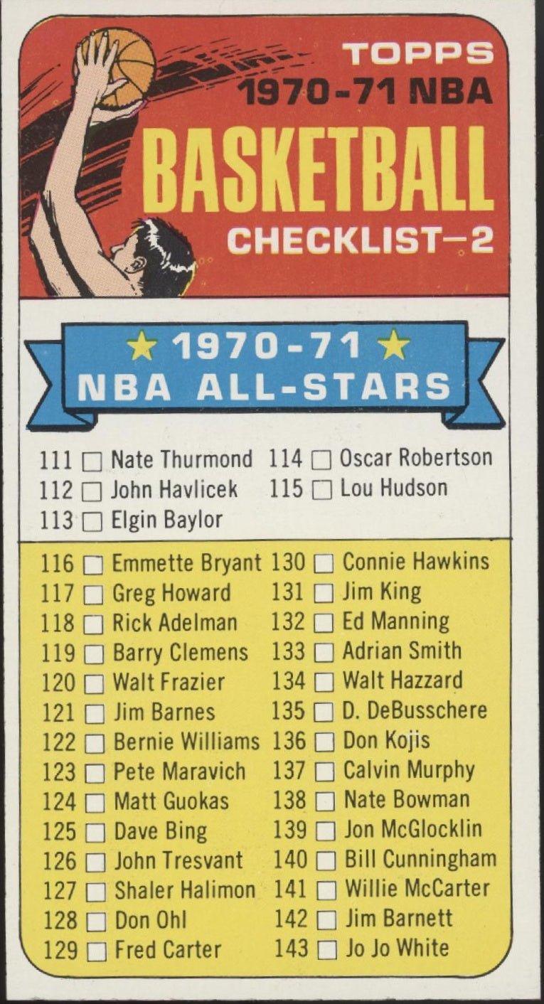 Checklist 1970 - 71 Topps Basketball 2 Oversized #101 (111 - 175) NM #1 - Collector Store LLC