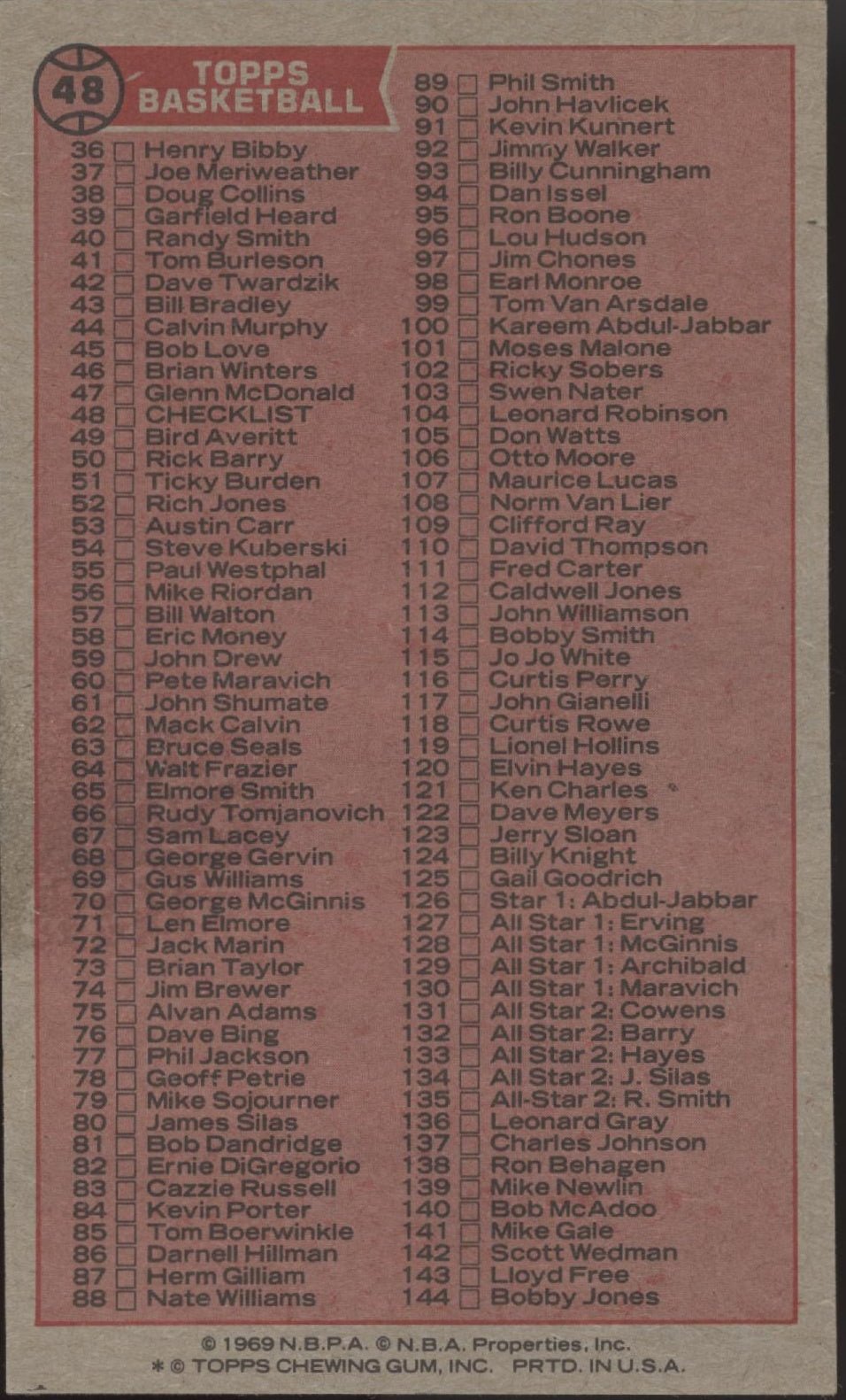 Checklist 1976 - 77 Topps Basketball (1 - 144) #48 Marked - Collector Store LLC